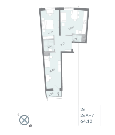 2 комн. квартира, 64.1 м², 15 этаж 