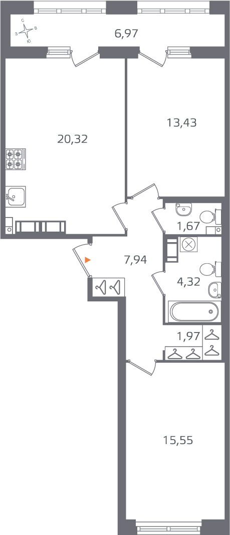 2 комн. квартира, 65.2 м², 14 этаж 