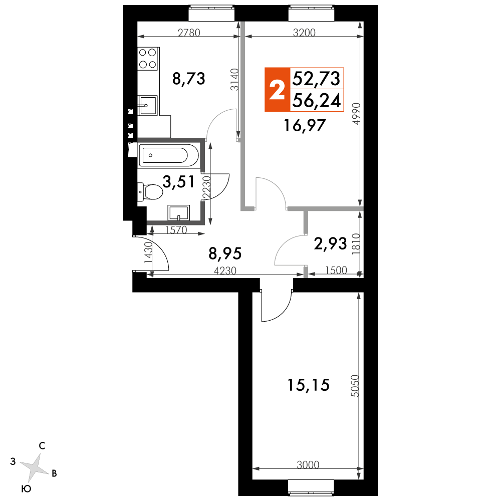 2 комн. квартира, 54.9 м², 3 этаж 