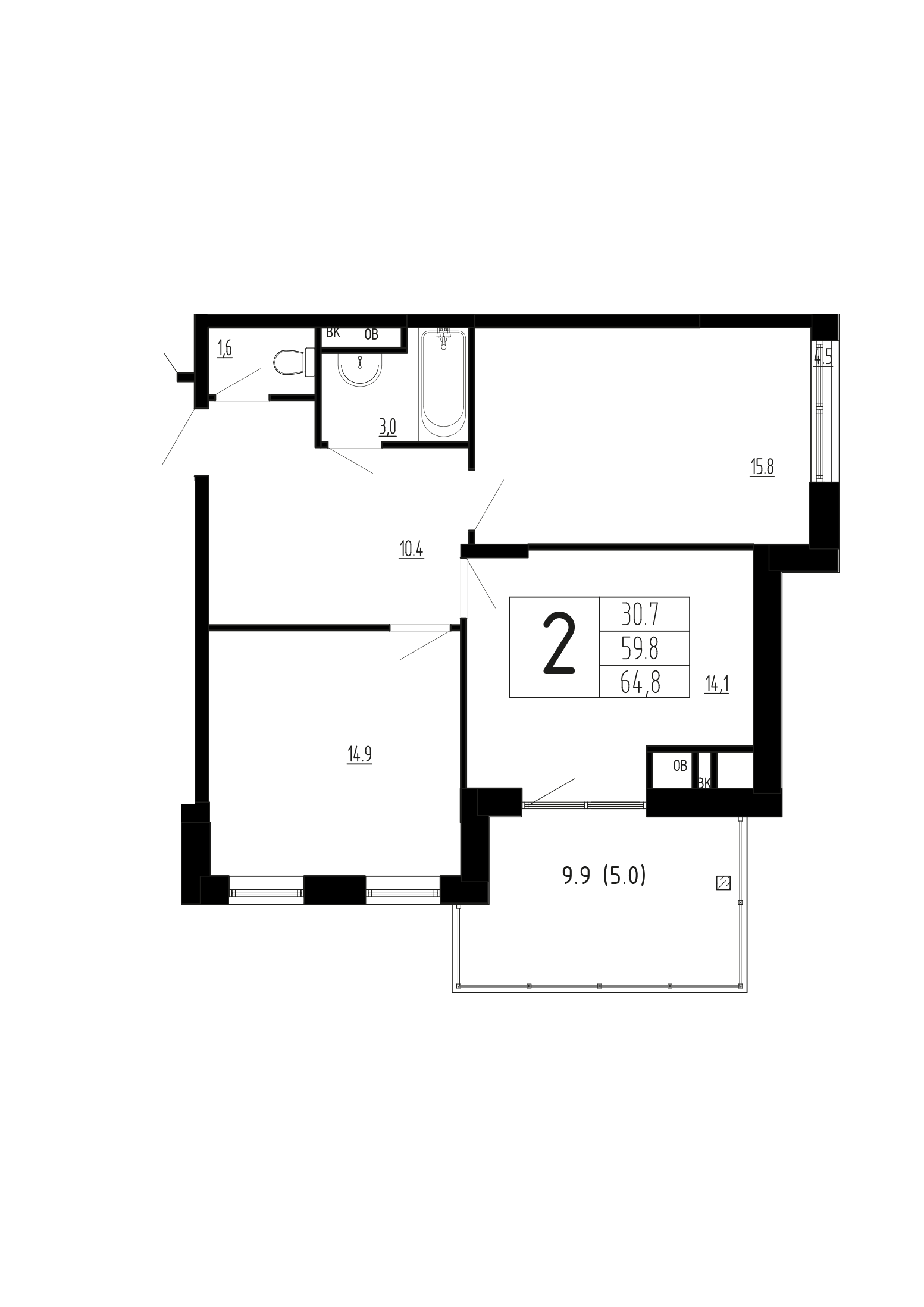 2 комн. квартира, 64.8 м², 3 этаж 