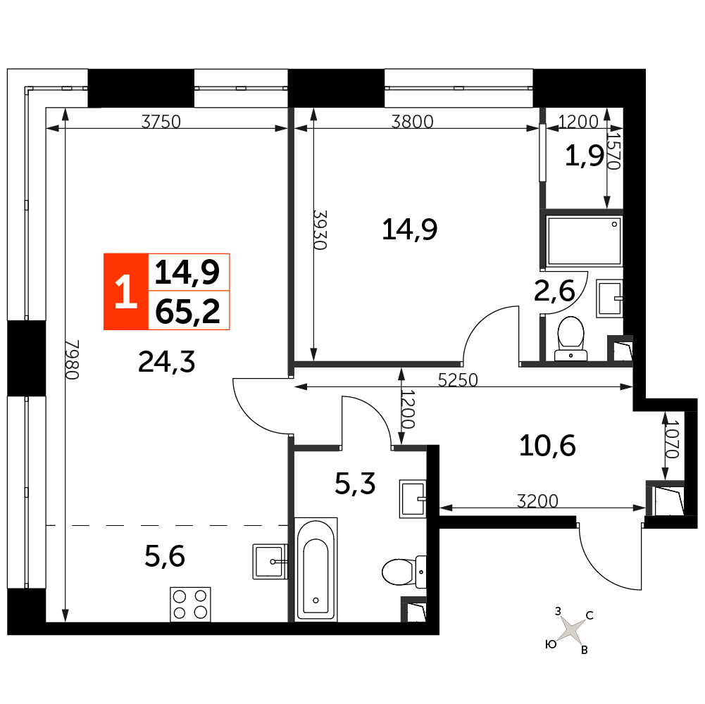 квартира со свободной планировкой, 65.2 м², 3 этаж 