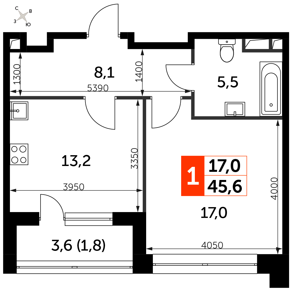 1 комн. квартира, 45.6 м², 4 этаж 