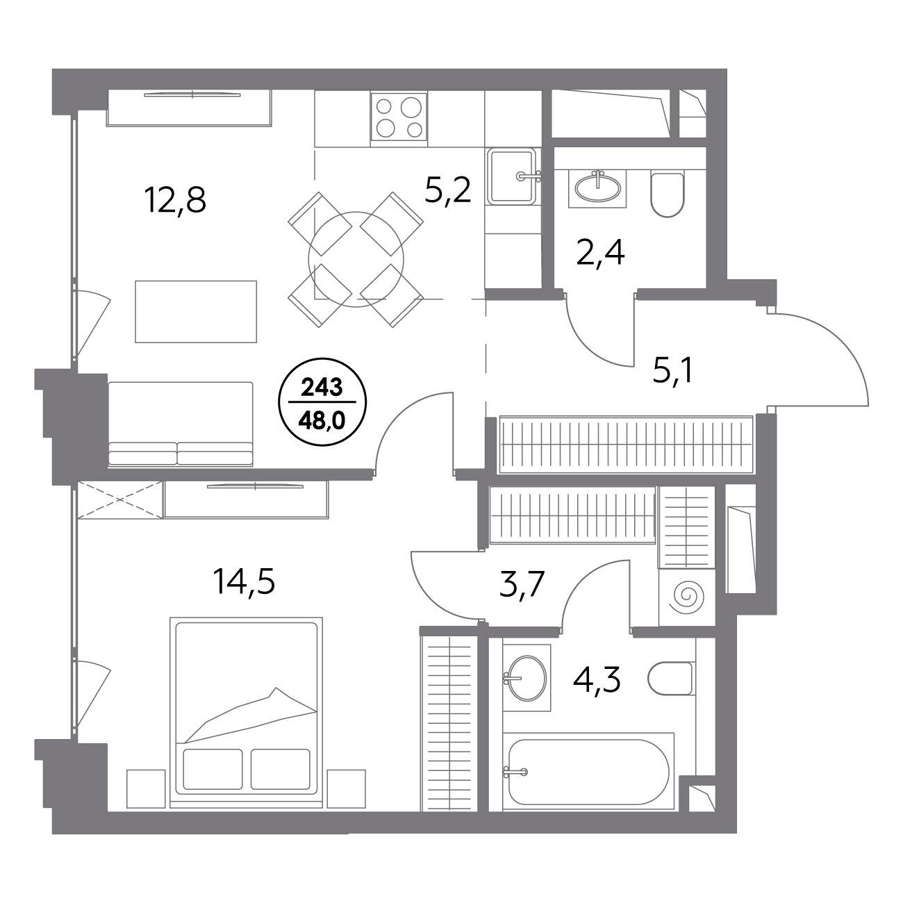 1 комн. квартира, 48 м², 5 этаж 