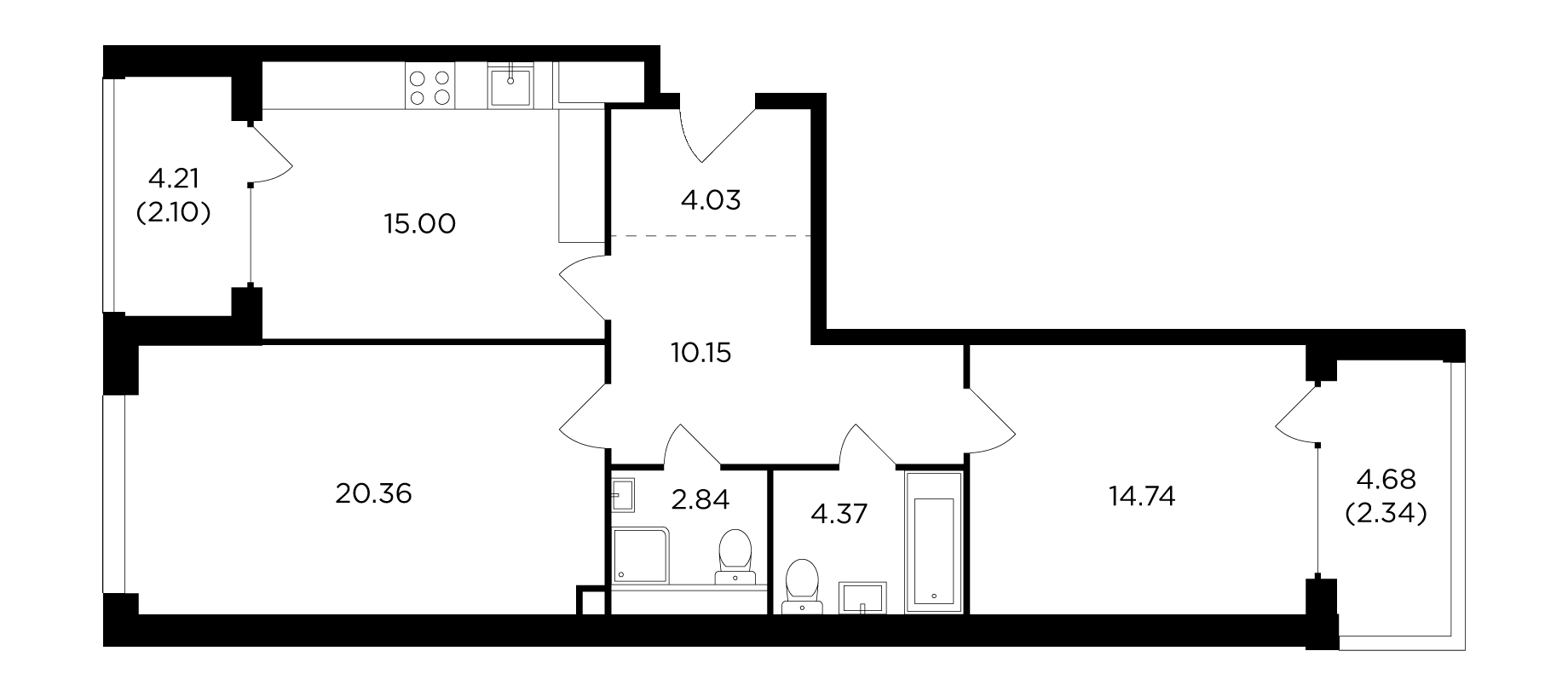2 комн. квартира, 76.8 м², 16 этаж 