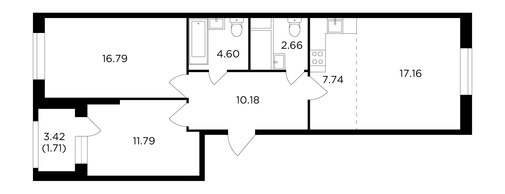 3 комн. квартира, 72.5 м², 27 этаж 