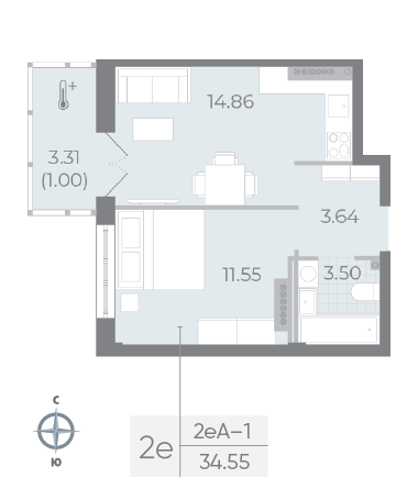 1 комн. квартира, 34.6 м², 7 этаж 