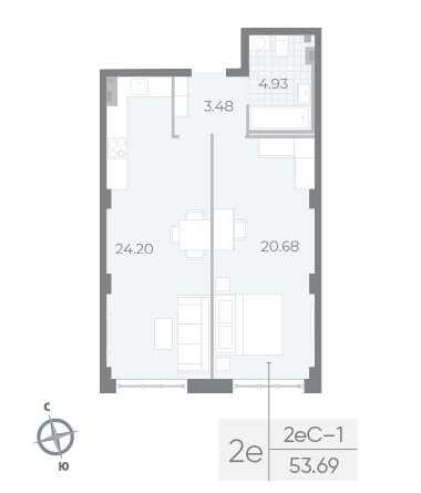 1 комн. квартира, 53.7 м², 1 этаж 