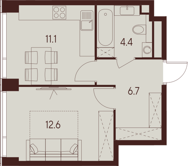 1 комн. квартира, 34.8 м², 6 этаж 
