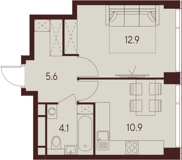 1 комн. квартира, 33.5 м², 6 этаж 