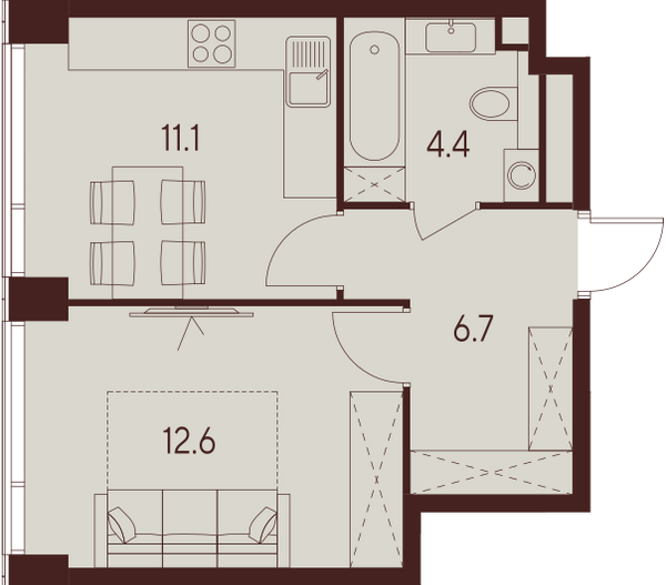 1 комн. квартира, 34.8 м², 13 этаж 