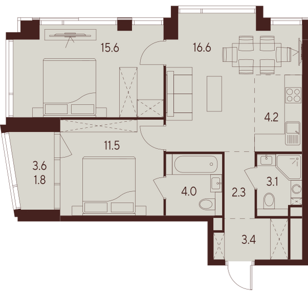 2 комн. квартира, 62.5 м², 14 этаж 