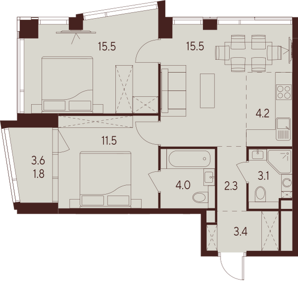 2 комн. квартира, 61.3 м², 17 этаж 