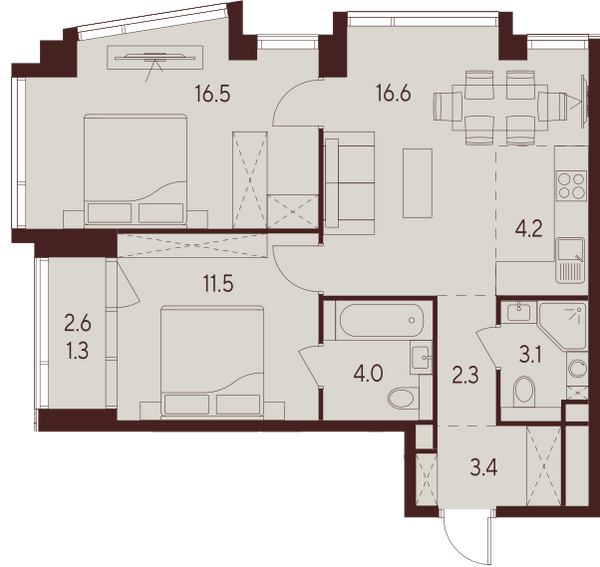 2 комн. квартира, 62.9 м², 18 этаж 
