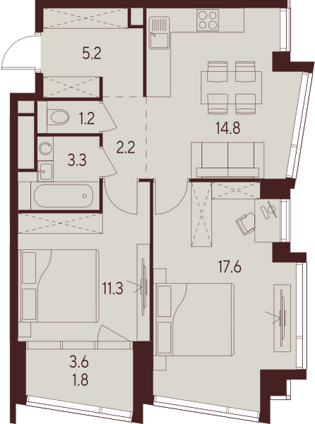 2 комн. квартира, 57.4 м², 18 этаж 