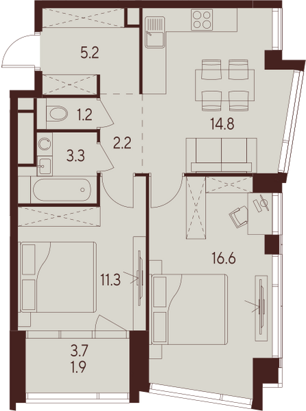 2 комн. квартира, 56.5 м², 22 этаж 