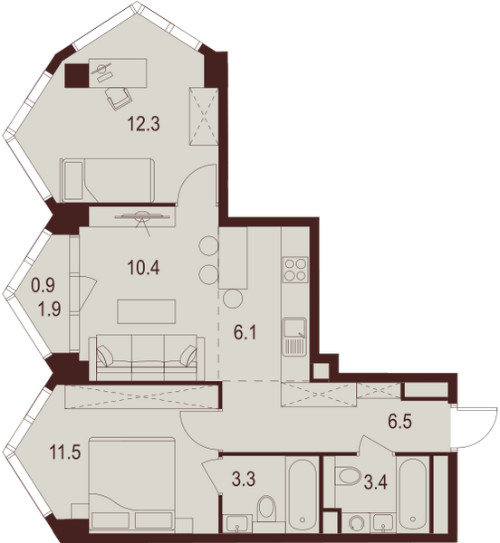 2 комн. квартира, 54.4 м², 15 этаж 