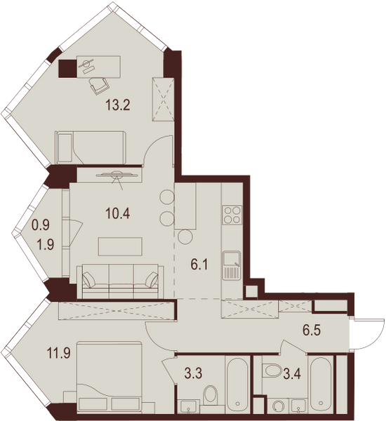 2 комн. квартира, 55.7 м², 18 этаж 