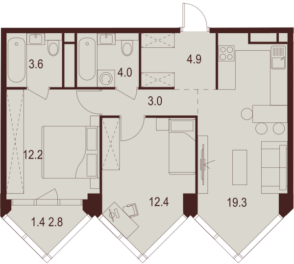 2 комн. квартира, 60.8 м², 26 этаж 