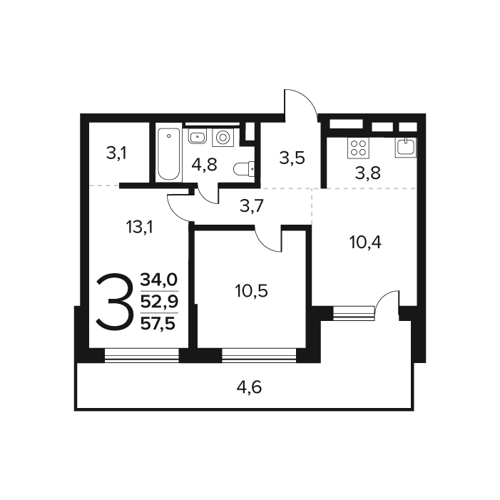 3 комн. квартира, 57.5 м², 1 этаж 