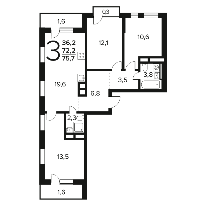 3 комн. квартира, 75.7 м², 14 этаж 