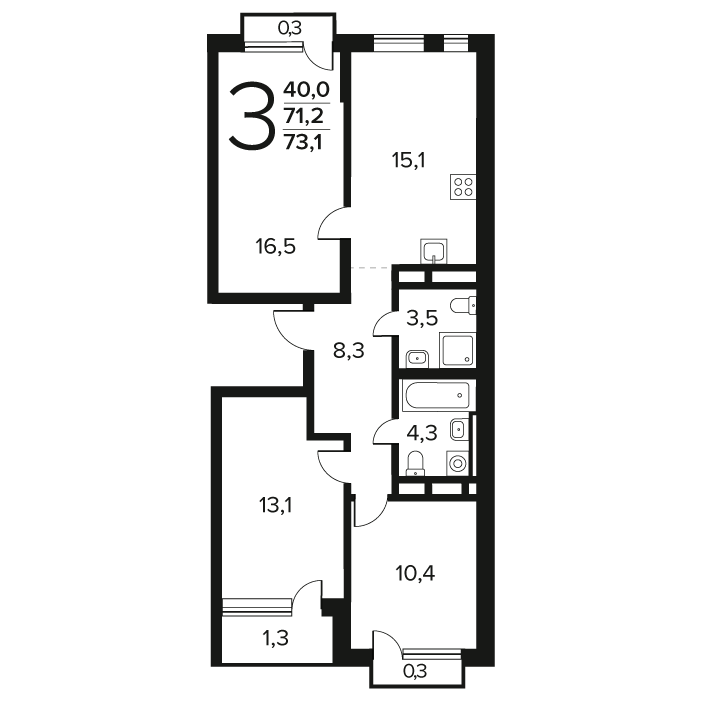 3 комн. квартира, 73.1 м², 11 этаж 