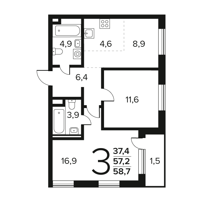 3 комн. квартира, 58.7 м², 2 этаж 