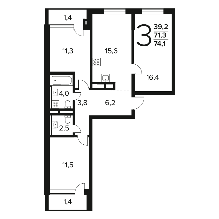 3 комн. квартира, 74.1 м², 3 этаж 