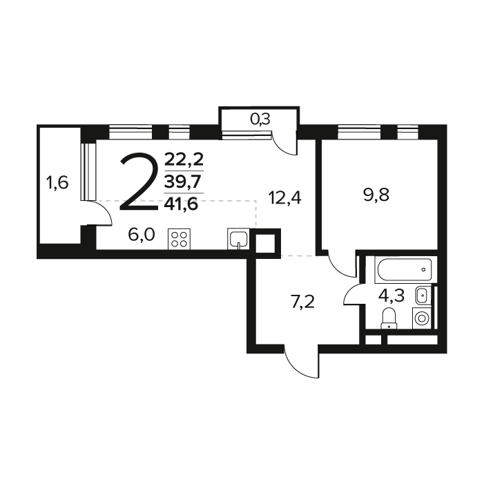 2 комн. квартира, 41.6 м², 11 этаж 