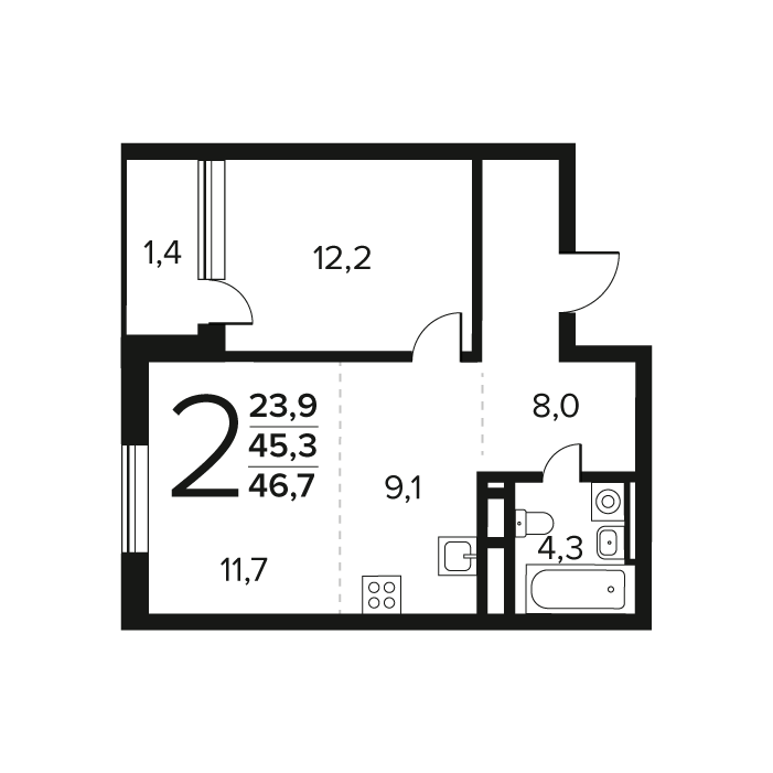 2 комн. квартира, 46.7 м², 9 этаж 