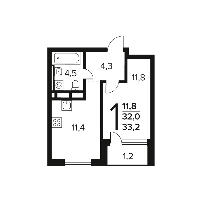 1 комн. квартира, 33.2 м², 5 этаж 