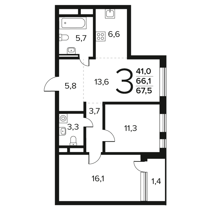 3 комн. квартира, 67.5 м², 6 этаж 