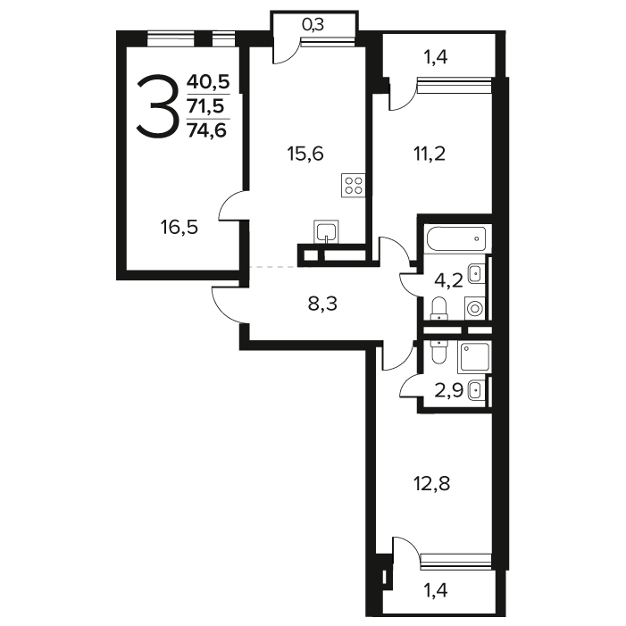 3 комн. квартира, 74.6 м², 8 этаж 