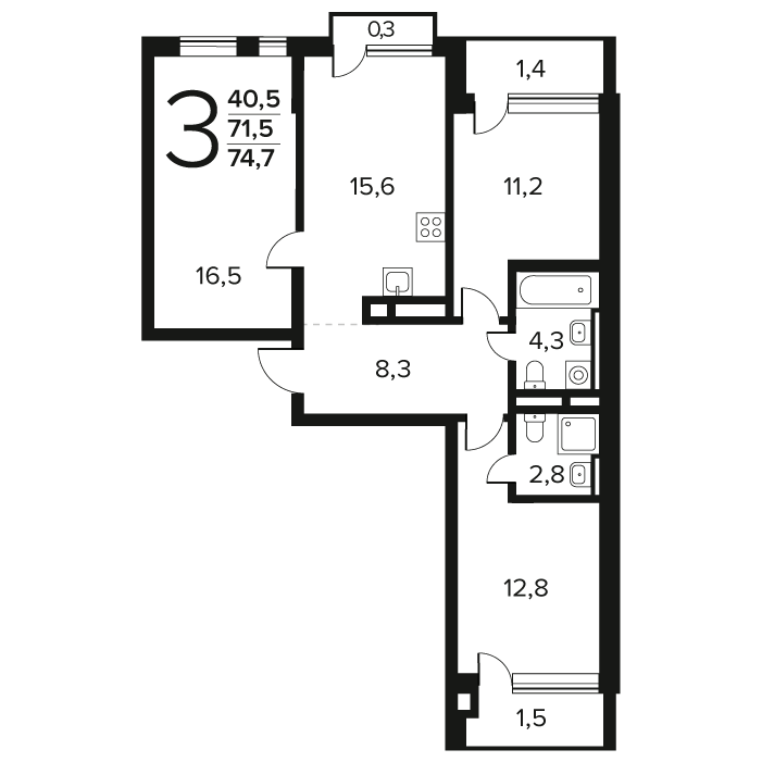 3 комн. квартира, 74.6 м², 10 этаж 