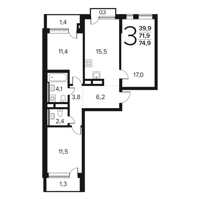 3 комн. квартира, 74.9 м², 10 этаж 