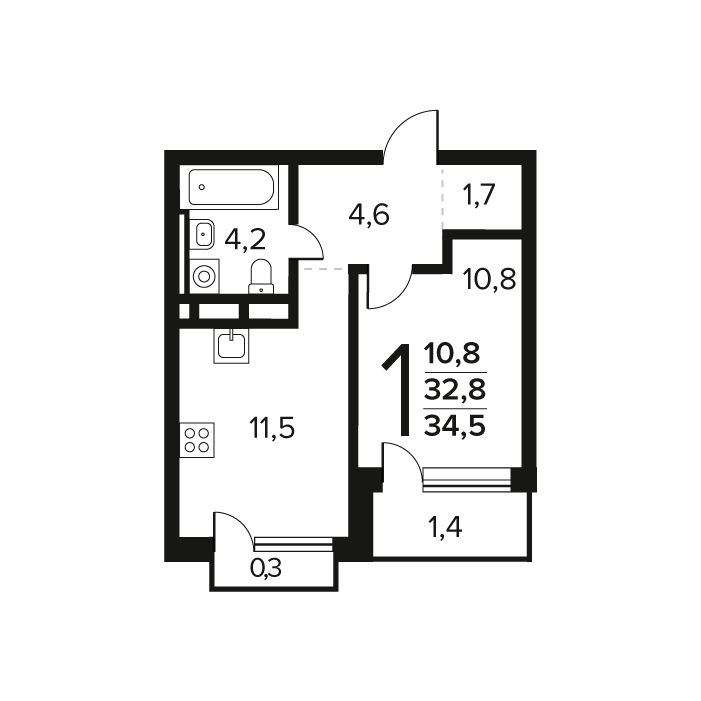 1 комн. квартира, 34.5 м², 10 этаж 