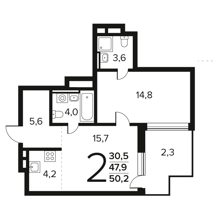 2 комн. квартира, 50.2 м², 1 этаж 