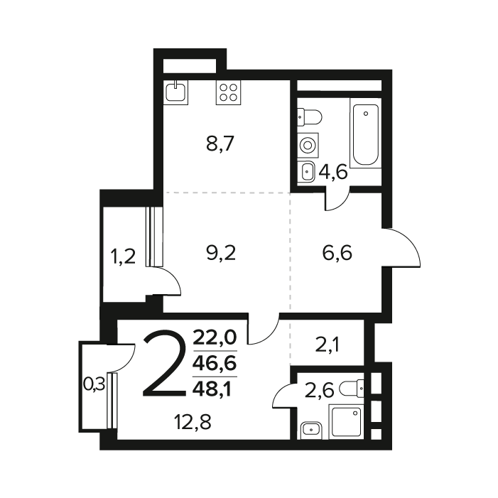 2 комн. квартира, 48.1 м², 3 этаж 