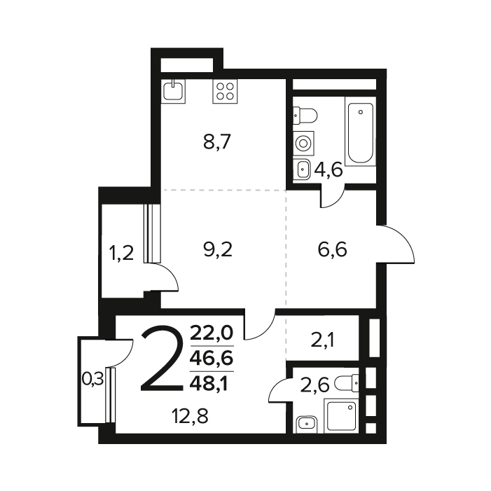 2 комн. квартира, 48.1 м², 9 этаж 