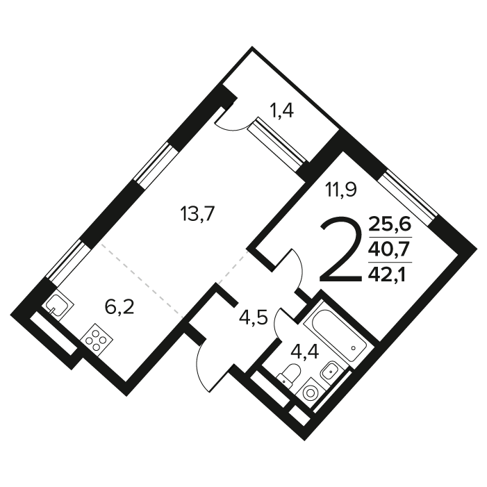 2 комн. квартира, 42.1 м², 9 этаж 