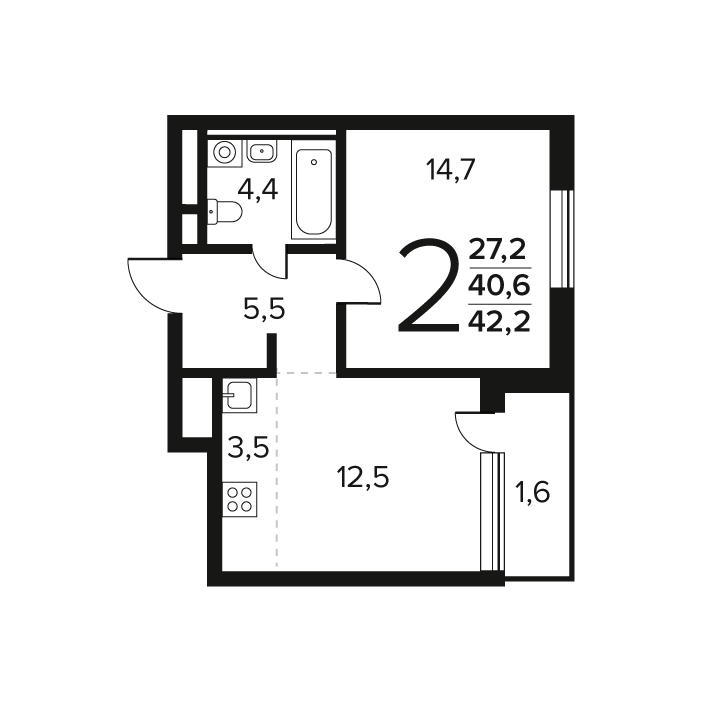 2 комн. квартира, 42.2 м², 7 этаж 