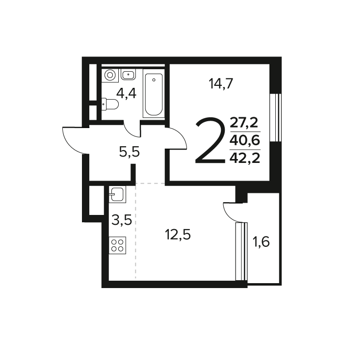 2 комн. квартира, 42.2 м², 9 этаж 