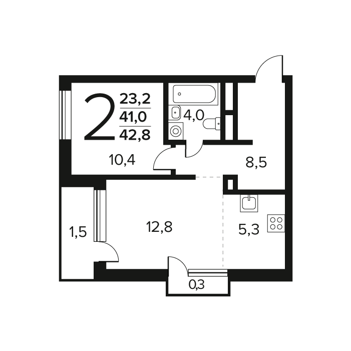 2 комн. квартира, 42.8 м², 13 этаж 