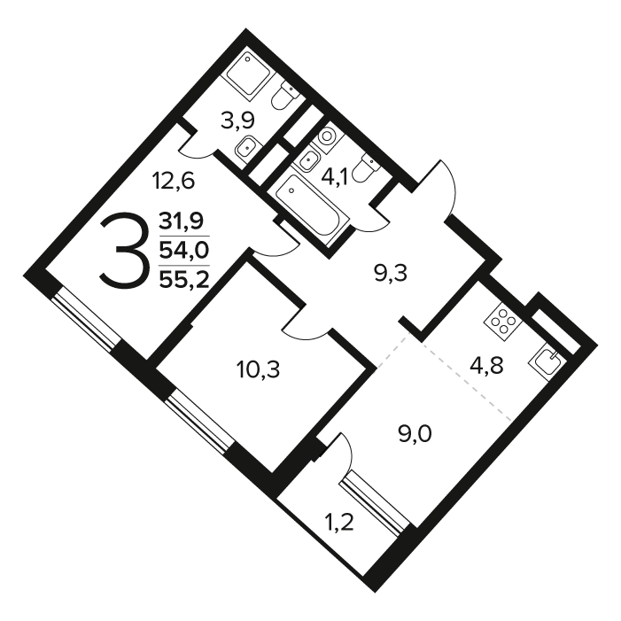 3 комн. квартира, 55.2 м², 4 этаж 