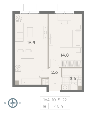 1 комн. квартира, 40.4 м², 22 этаж 