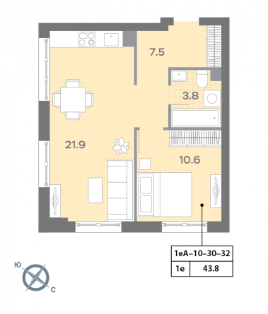 1 комн. квартира, 43.7 м², 32 этаж 