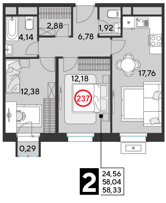 2 комн. квартира, 58.3 м², 21 этаж 