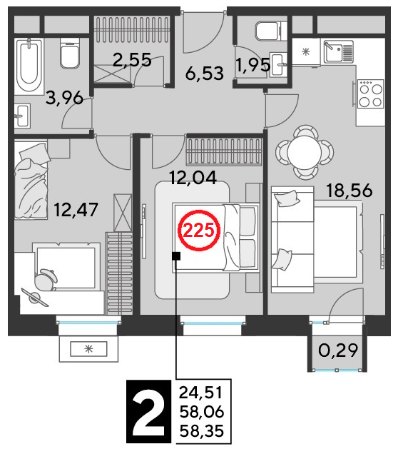 2 комн. квартира, 58.4 м², 20 этаж 