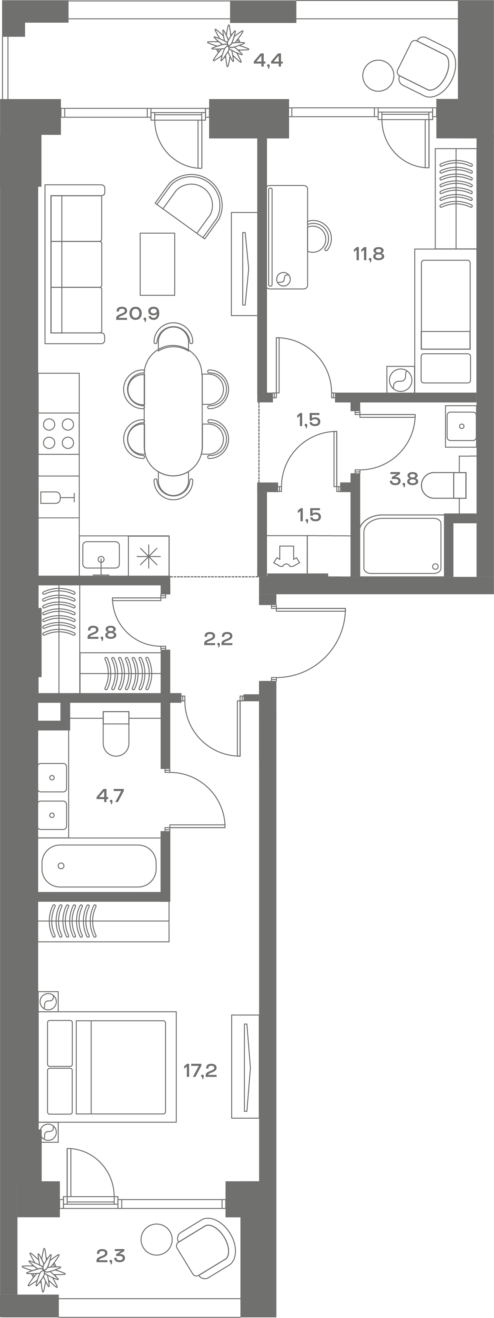 2 комн. квартира, 73.1 м², 3 этаж 