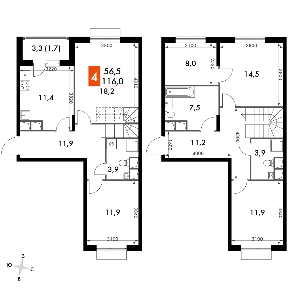 4 комн. квартира, 116 м², 15 этаж 