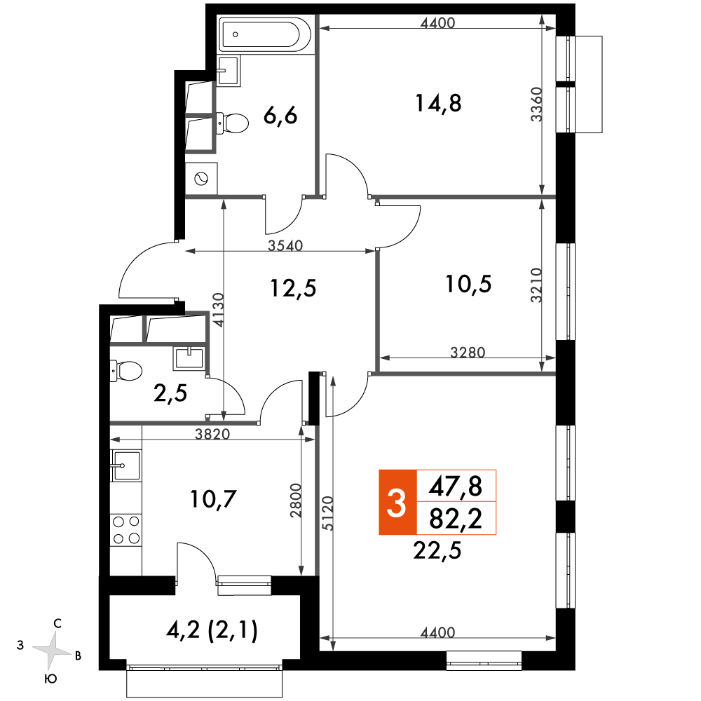 3 комн. квартира, 82.2 м², 6 этаж 